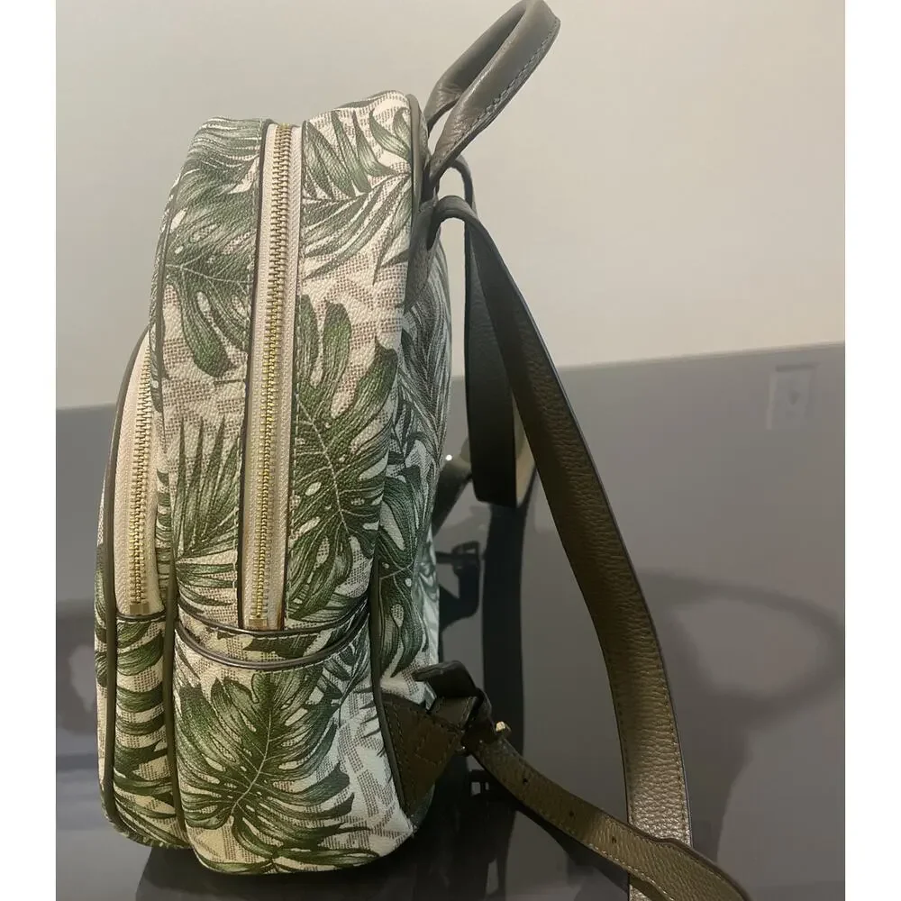 NWT Michael Kors Leather Abbey Vanilla Olive MK Logo Palm Leaf Backpack Rare